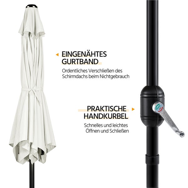 Geschlossener Sonnenschirm mit eingenähtem Gurtband und Handkurbel