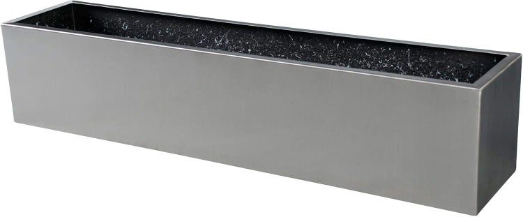 Rechteckiger Pflanzkasten aus Metall mit gebürsteter Oberfläche.