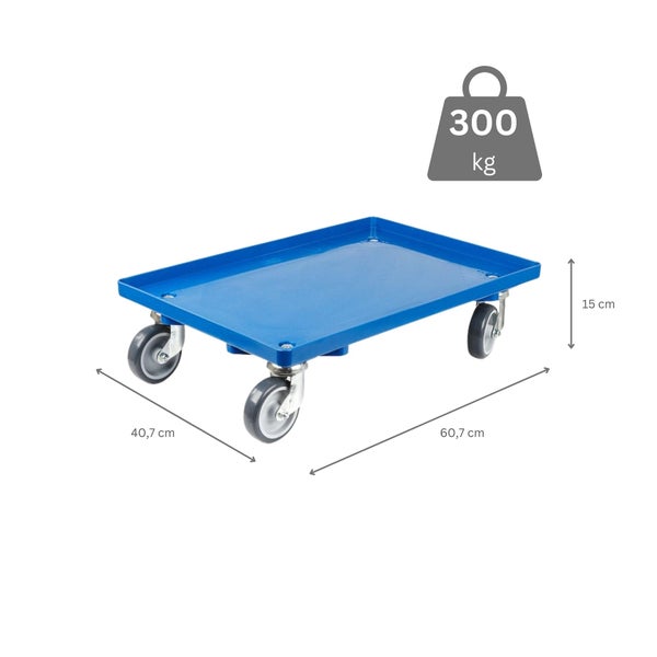 PROREGAL Transportroller für Euroboxen 60 x 40 cm mit Gummiräder Blau Geschlossenes Deck 2 Lenkrollen und 2 Bockrollen Traglast 300 kg