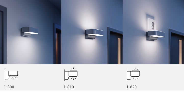 Vergleich von LED-Außenwandleuchten: L 800 strahlt nach unten, L 810 nach oben und unten, L 820 zusätzlich mit beleuchteter Hausnummer.