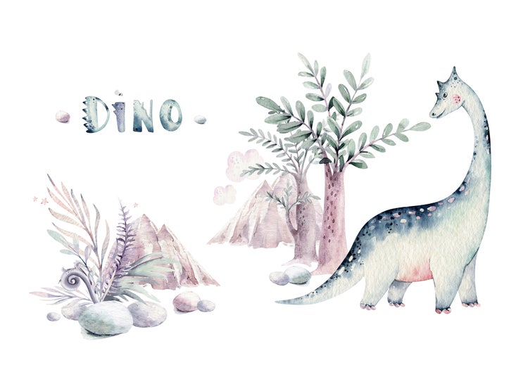 Aquarell Illustration eines Langhals Dinosauriers mit Bäumen Bergen und Pflanzen sowie dem Schriftzug Dino für Kinderzimmer Wandgestaltung