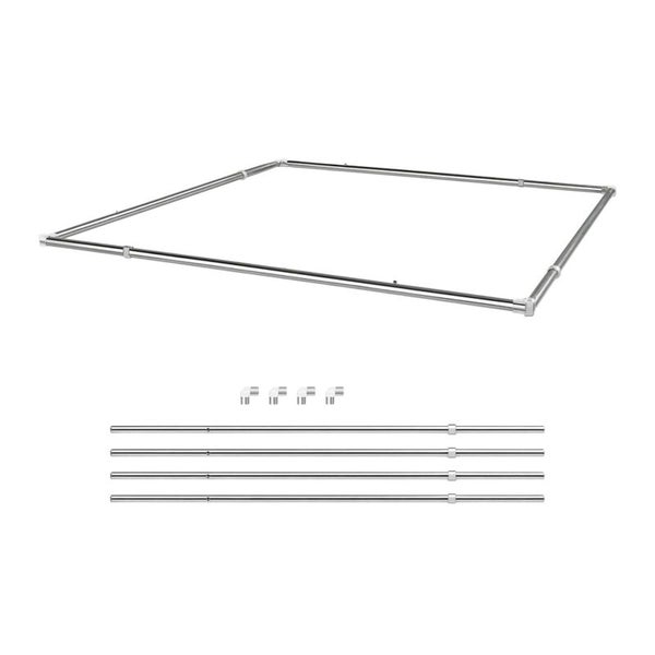 Duschvorhangstangen-Set inklusive Eckverbindungen und Teleskopstangen aus verchromtem Metall.