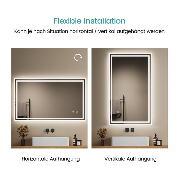 EMKE Badspiegel mit Beleuchtung  100 x 60 cm, LED-Spiegel mit Touchschalter, Anti-Beschlag, Kaltweiß