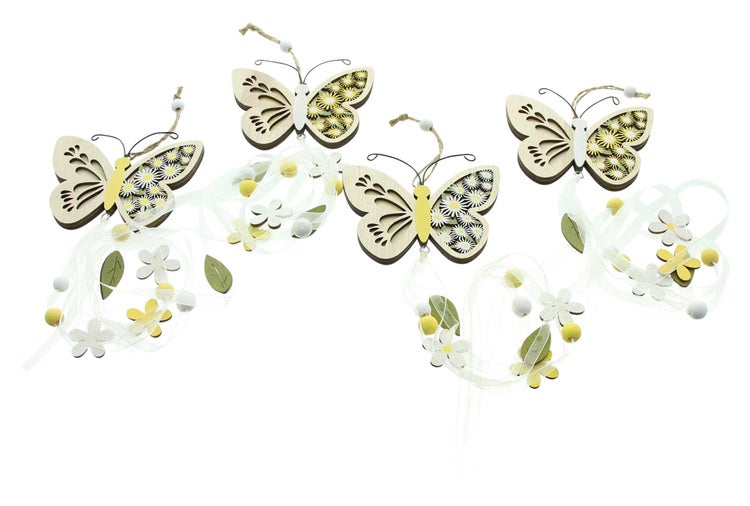 FRANK FLECHTWAREN | Hänger Schmetterling, 4er Set, HOLZ, ORGANZA, METALL, JUTE, 10,5 x 0,5 x 50 cm