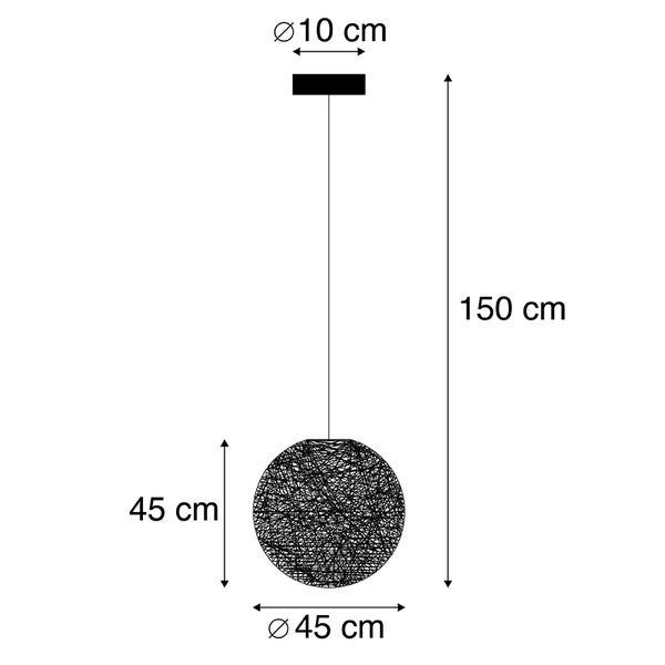 Maßskizze einer kugelförmigen Pendelleuchte mit Geflecht, Gesamthöhe 150 Zentimeter, Durchmesser 45 Zentimeter, Baldachindurchmesser 10 Zentimeter.