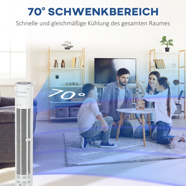 HOMCOM Turmventilator mit Fernsteuerung 70° Oszillierender Standventilator 77cm Säulenventilator 45 W 3 Modi & 3 Geschwindigkeiten ABS-Kunststoff Weiß