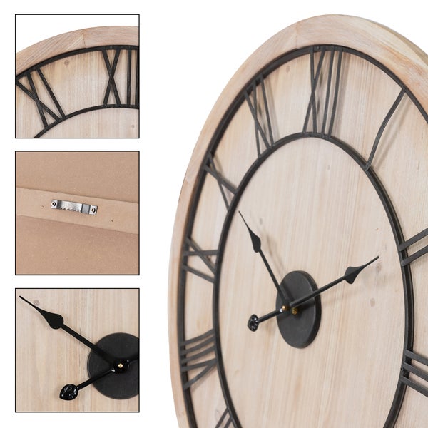 ECD Germany Große Wanduhr Ø 76 cm rund mit Römischen Ziffern, Dekorative Uhr aus MDF-Holz und Metall, Pinienoptik, Design Uhr im Vintage-Stil, Leisem Uhrwerk, geräuschlos, Analoge Dekor Wanduhr
