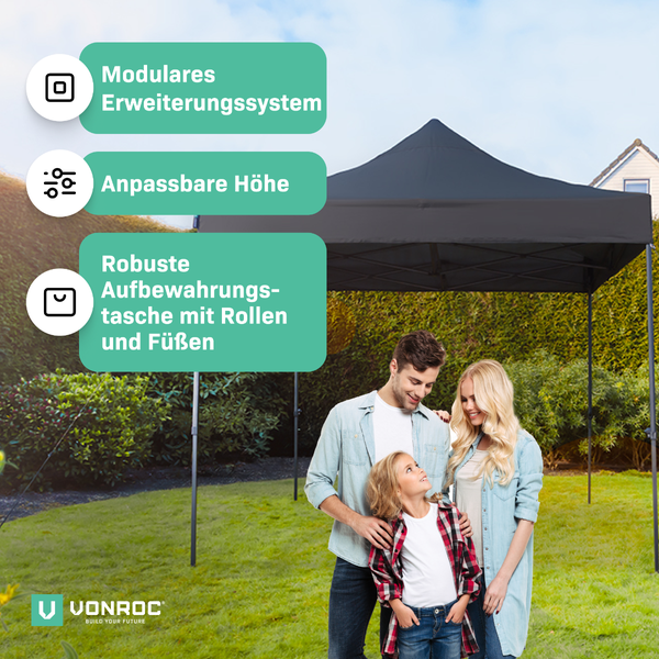VONROC Pavillon 3x3m wasserdicht stabil - Partyzelt EasyUp System [3Min Aufbau] Popup Faltpavillon modular erweiterbar als Festival Zelt, Gartenpavillon
