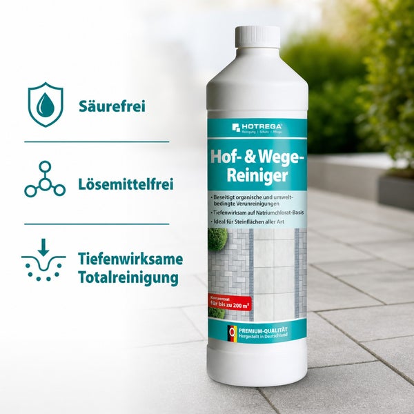 Hotrega Hof- und Wege-Reiniger Konzentrat zur Beseitigung organischer Verschmutzungen auf Stein- und Pflasterflächen, säurefrei und lösemittelfrei.