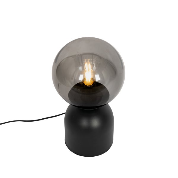 Tischleuchte mit grauer Glaskugel und schwarzem Sockel