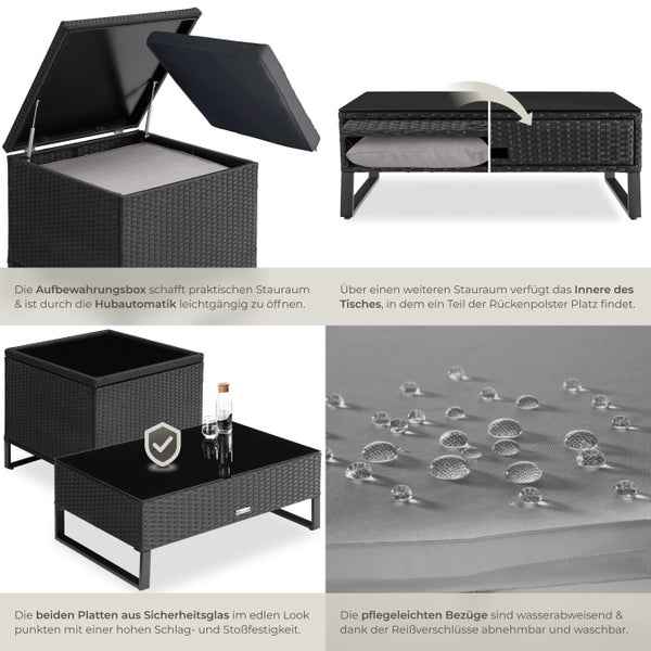 Gartentisch-Set mit Aufbewahrungsbox und Tisch mit Sicherheitsglasplatte