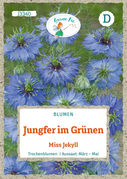 Samentüte für Jungfer im Grünen Miss Jekyll von Grüne Fee Logo mit blauen Blüten und feingliedrigem Laub. Aussaat von März bis Mai.