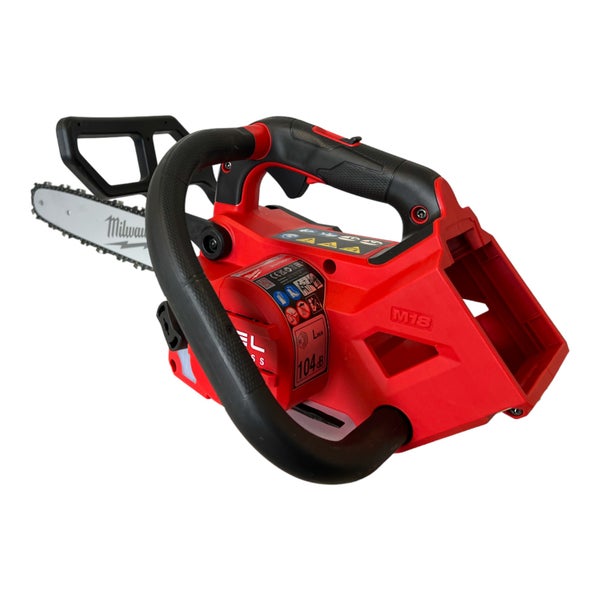 Milwaukee Akku-Kettensäge M18 mit Sägeschwert, Bügelgriff und Akkufach.