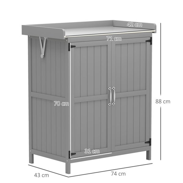 Outsunny Gartenschrank Holz, Geräteschuppen wetterfest 74x43x88cm, Gerätehaus mit Klappdach Ablagen, Arbeitsfläche, Geräteschrank, Gartenhaus Werkzeugschrank Gartenschuppen für Garten, Grau