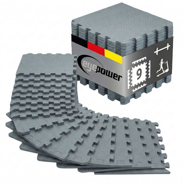 Eyepower Bodenschutzmatten Set aus 9 grauen ineinandersteckbaren Schaumstoffmatten für Fitness und Sport