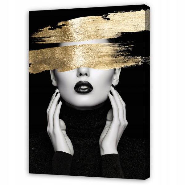 Wandbild mit Porträt einer Frau, Augenpartie durch goldene Pinselstriche verdeckt, moderner Kunstdruck auf Leinwand.
