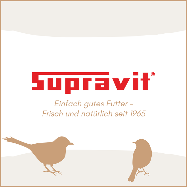 Supravit Logo mit dem Slogan Einfach gutes Futter - Frisch und natürlich seit 1965 und zwei Vogelsilhouetten.