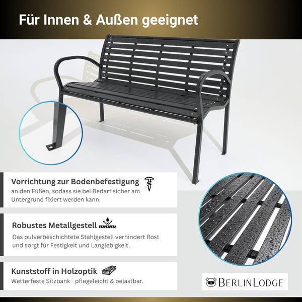 Schwarze Gartenbank Berlin Lodge aus Metall und Kunststoff in Holzoptik mit Bodenbefestigung und wetterfesten Latten. Berlin Lodge Logo.