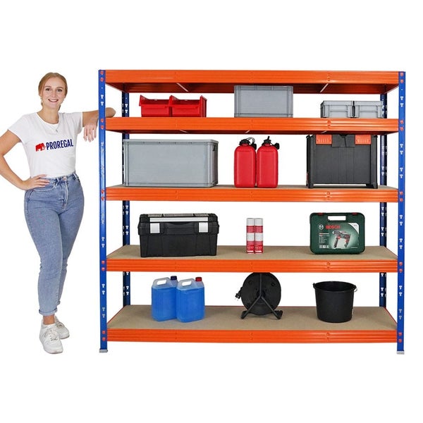PROREGAL Mega Deal 4x Profi Schwerlastregal Rhino HxBxT 180 x 200 x 60 cm 5 Spanplatten-Ebenen 8mm Fachlast 500 kg Blau/Orange