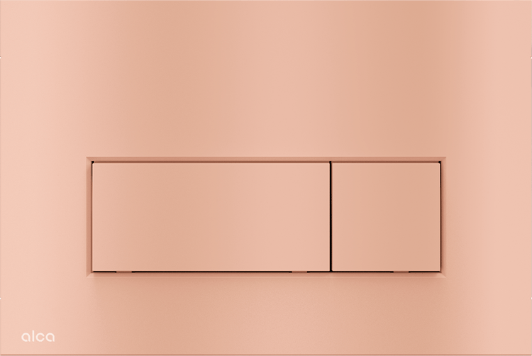 Alca Betätigungsplatte für Toilette mit 2-Mengen-Spülung in Roségold, rechteckige Form. Alca Logo.