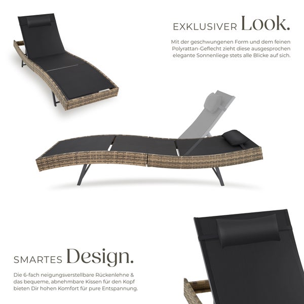 Sonnenliege aus Polyrattan mit verstellbarer Rückenlehne und Kopfkissen