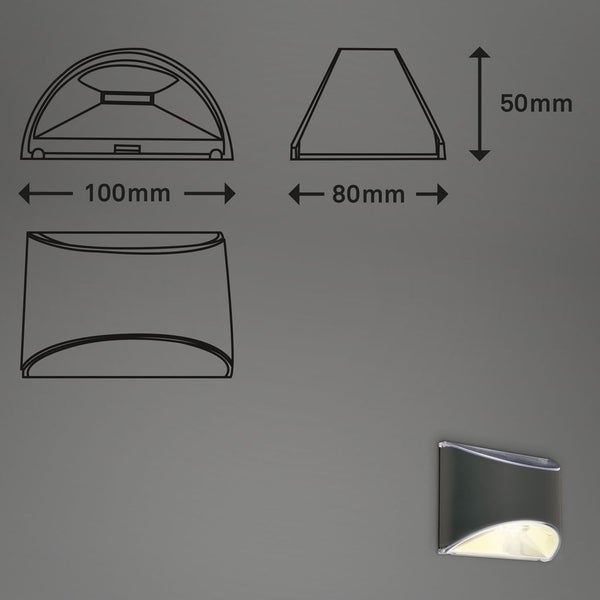 Skizze einer Wandleuchte mit den Maßen 100 mm, 80 mm und 50 mm.