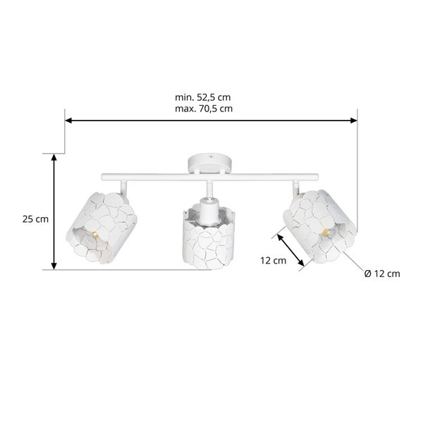 Deckenleuchte mit drei Strahlern und Maßangaben