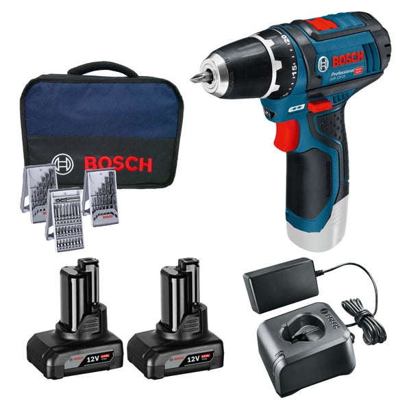 Bosch Akku-Bohrschrauber GSR 12V-15 / 2x 4,0 Ah Akku + Ladegerät inkl. Zubehör-Set 39tlg. im Softbag - 0615990HV1