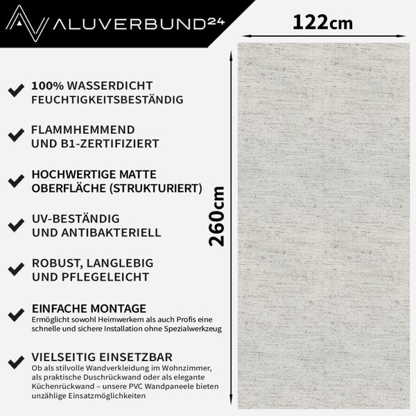 Aluverbund24 Wandpaneel, 122 mal 260 Zentimeter, wasserdicht, feuchtigkeitsbeständig, flammhemmend, UV-beständig, antibakteriell, matte Oberfläche.