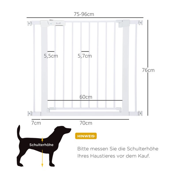 PawHut Türschutzgitter, Treppengitter, Hundegitter ohne Bohren, 75-96 cm Verstellbares Absperrgitter, Auto-Close Baby Schutzgitter, für Kinder und Haustiere, Stahl, Weiß