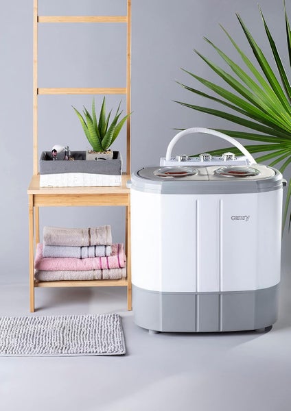 JUNG CAMRY CR8052 Mini Waschmaschine mit Schleuder weiss/grau, Waschautomat bis 3 KG, 2 Kammer Reisewaschmaschine, Miniwaschmaschine, Camping Mobile Waschmaschine, Toploader