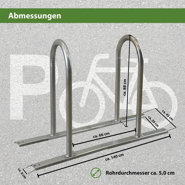 Abmessungen eines Fahrradständers aus Metall, inklusive Höhen- und Breitenangaben