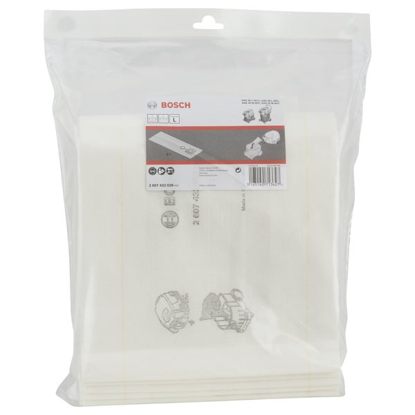 Bosch Vliesfiltersack-Set, 5 Stück, für Nasssauger und Trockensauger der Serien GAS 35 und GAS 55, Staubklasse L, Bosch Logo.