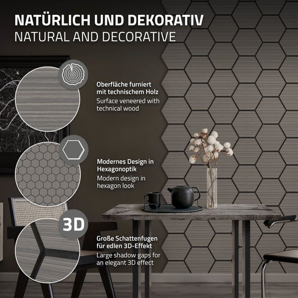 ML-Design 2er Set Akustikpaneele 66x81x2cm für 1m² – Grau, MDF Akustikplatten in Hexagon-Holzoptik, Wandpaneele zur Schalldämmung, Wandverkleidung für Büro, Studio, Schallschutz & Akustikbehandlung