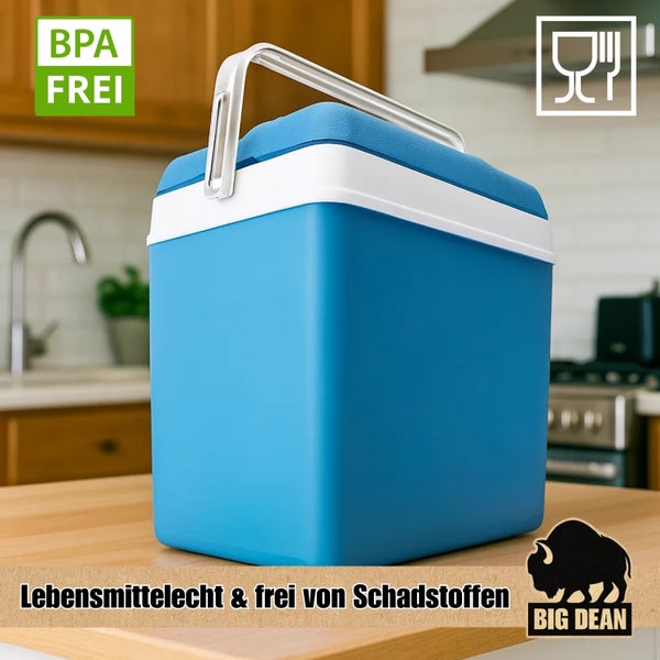 Blaue Kühlbox mit Griff und Deckel, BPA frei und lebensmittelecht.
