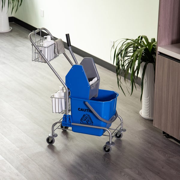HOMCOM Putzwagen Reinigungswagen 26 Liter Wischwagen mit Wringer, Haushaltswagen mit Rollen, Haken für Mopp Blau