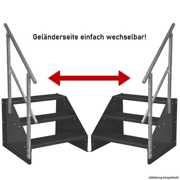 Außentreppe aus Stahl mit drei Stufen und einem Geländer, das wahlweise links oder rechts montiert werden kann.