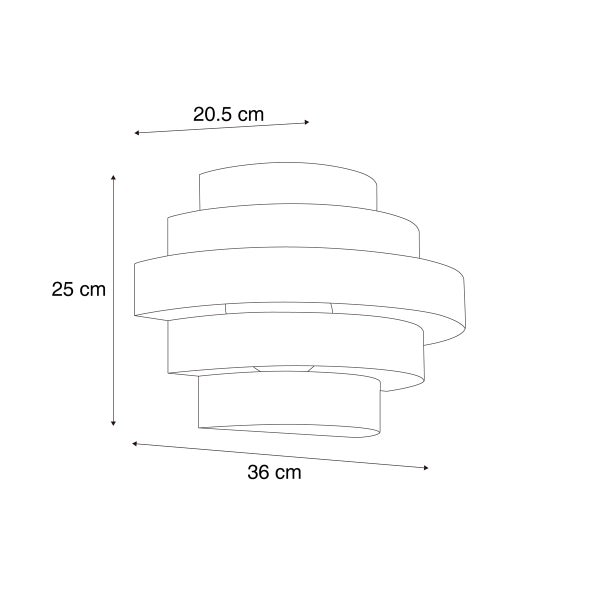 Technische Zeichnung einer Wandleuchte mit den Maßen 25 cm Höhe, 36 cm Breite und 20,5 cm Tiefe.