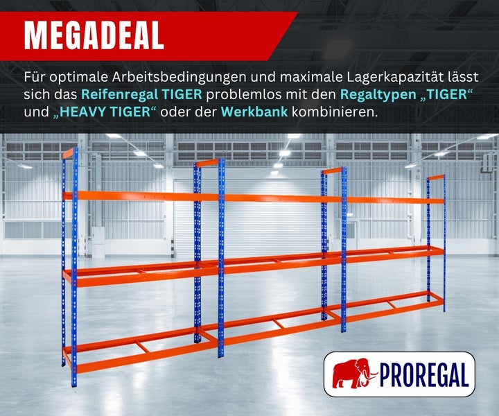 PROREGAL Reifenregal TIGER aus Metall mit blauen Rahmen und orangefarbenen Traversen in einer hellen Lagerhalle. PROREGAL Logo.
