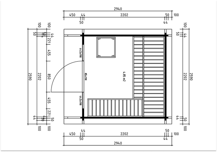Grundrisszeichnung einer Gartenhaus mit Maßen und Tür sowie Fensterplatzierung