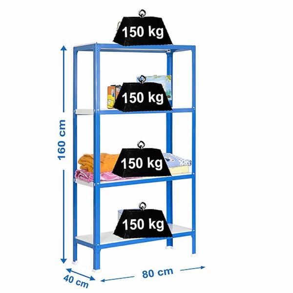 Blaues Lagerregal mit vier Fachböden, 160 Zentimeter hoch, 80 Zentimeter breit, 40 Zentimeter tief, Traglast 150 Kilogramm pro Boden.