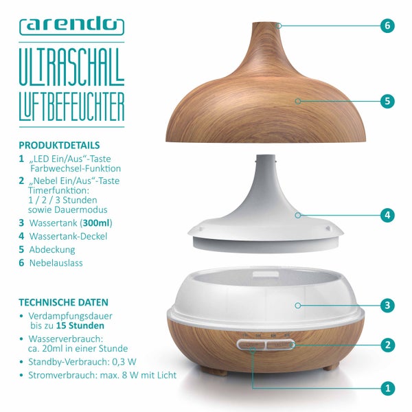 Arendo Aroma Diffuser, Luftbefeuchter, Vernebler in Holz Optik, Diffusor mit 7 Farben LED, Timer Funktion, 300ml, Hellbraun