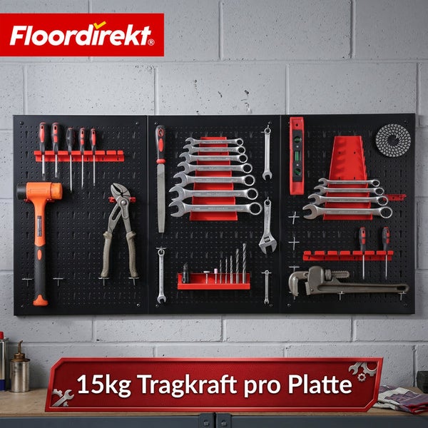 Schwarze Werkzeugwand mit roten Haltern und Werkzeugen wie Hammer und Zangen. Floordirekt Logo. 15 Kilogramm Tragkraft pro Platte.