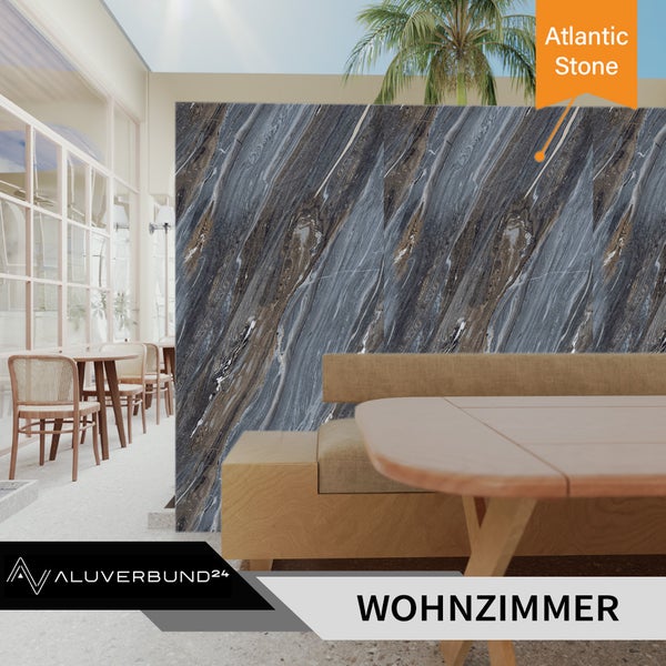 Wohnzimmer mit Wandverkleidung im Atlantic Stone Design