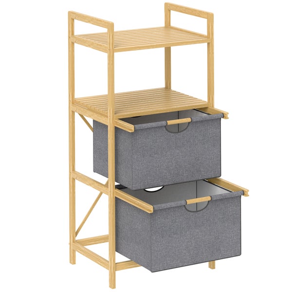 HOMCOM Wäschekorb 35,4 L Wäschesammler mit 2 Wäschekörben aus Stoff, offene Ablagen, Wäschebox mit Griff, für Badezimmer, Bambus, Natur