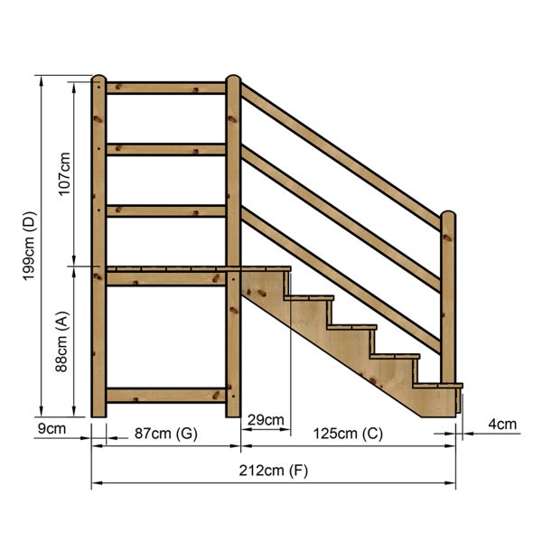 Technische Zeichnung einer Holztreppe mit den Maßen 212 Zentimeter Gesamtlänge, 199 Zentimeter Gesamthöhe, 107 Zentimeter Höhe des Geländers, 88 Zentimeter Höhe bis zur ersten Stufe, 125 Zentimeter Länge der Treppe, 87 Zentimeter Länge der Plattform, 29 Zentimeter Tiefe der Stufen, 9 Zentimeter und 4 Zentimeter Details.