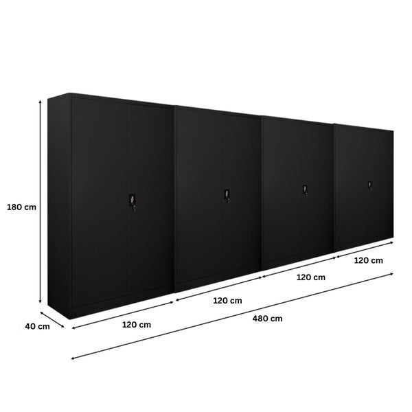 Mehrere Aktenschränke aus Stahl mit den Maßen 180 cm Höhe, 40 cm Tiefe und 480 cm Breite