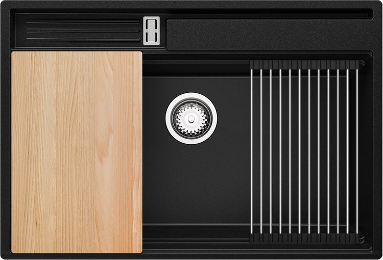PRIMAGRAN Spülbecken Schwarz 78x53cm, Granitspüle 1 Becken + Ablauf-Set + Küchenzubehörset, Küchenspüle ab 80er Unterschrank - Oslo Pocket