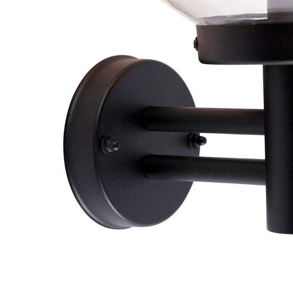 Detailansicht der Wandhalterung einer schwarzen Außenleuchte aus Metall mit runder Montageplatte und zwei Haltearmen.