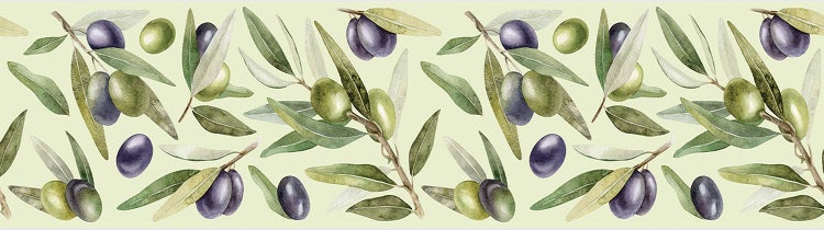 Tapetenbordüre mit Olivenzweigen, Blättern und Oliven im Aquarell-Stil.